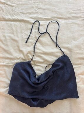 Shiny Black Cowl Neck Halter Crop Top - Women